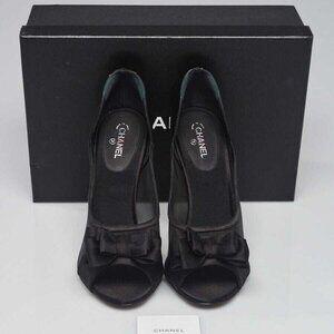 Chanel Black Mesh and Satin Bow Peep Toe Pumps Size 10.5/41